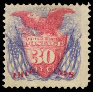 Value of US Stamp Scott Catalog #121: 30c 1869 Pictorial Shield Eagle Flags. Daniel Kelleher Auctions, Sep 2014, Sale 655, Lot 262