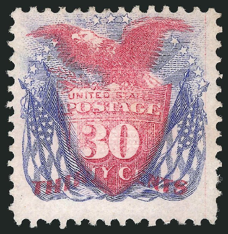 Costs of US Stamp Scott Catalogue #121: 1869 30c Pictorial Shield Eagle Flags. Robert Siegel Auction Galleries, Jul 2013, Sale 1050, Lot 252