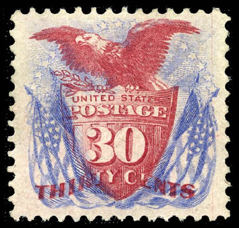 Costs of US Stamp Scott Cat. #121: 1869 30c Pictorial Shield Eagle Flags. Matthew Bennett International, Feb 2012, Sale 340, Lot 233
