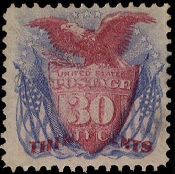 Values of US Stamp Scott Cat. # 121: 30c 1869 Pictorial Shield Eagle Flags. Cherrystone Auctions, Apr 2010, Sale 201004, Lot 153