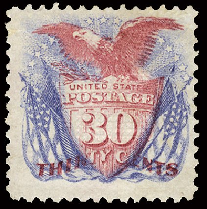 US Stamp Value Scott Catalog 121 - 1869 30c Pictorial Shield Eagle Flags. Cherrystone Auctions, Feb 2011, Sale 201102, Lot 53