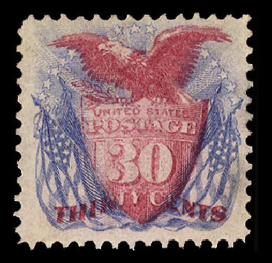 Value of US Stamps Scott Catalog #121: 1869 30c Pictorial Shield Eagle Flags. Cherrystone Auctions, Jan 2015, Sale 201501, Lot 143