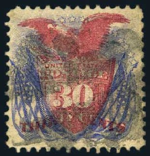 US Stamps Values Scott Catalogue 121: 30c 1869 Pictorial Shield Eagle Flags. Harmer-Schau Auction Galleries, May 2015, Sale 105, Lot 123