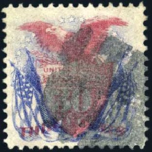 US Stamp Price Scott Catalogue 121 - 30c 1869 Pictorial Shield Eagle Flags. Harmer-Schau Auction Galleries, Mar 2011, Sale 89, Lot 173