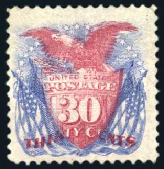 Costs of US Stamps Scott Catalogue 121: 1869 30c Pictorial Shield Eagle Flags. Harmer-Schau Auction Galleries, Aug 2011, Sale 90, Lot 1283