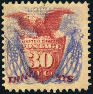 US Stamp Values Scott Catalog #121: 30c 1869 Pictorial Shield Eagle Flags. Harmer-Schau Auction Galleries, Aug 2012, Sale 94, Lot 1213