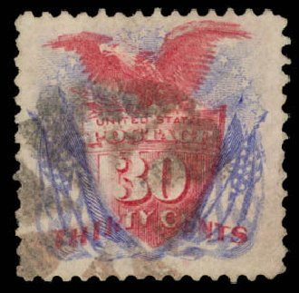 US Stamp Prices Scott #121 - 30c 1869 Pictorial Shield Eagle Flags. Daniel Kelleher Auctions, Mar 2013, Sale 635, Lot 303