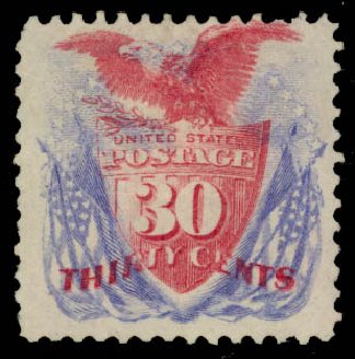 US Stamps Value Scott Catalogue # 121 - 1869 30c Pictorial Shield Eagle Flags. Daniel Kelleher Auctions, Jan 2015, Sale 663, Lot 1353