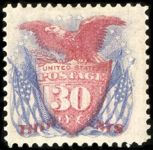 Value of US Stamp Scott Catalogue # 121: 1869 30c Pictorial Shield Eagle Flags. Spink Shreves Galleries, Jul 2015, Sale 151, Lot 113
