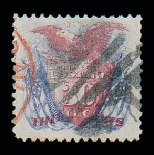 US Stamp Values Scott Catalogue 121: 30c 1869 Pictorial Shield Eagle Flags. Matthew Bennett International, Jun 2007, Sale 319, Lot 1166
