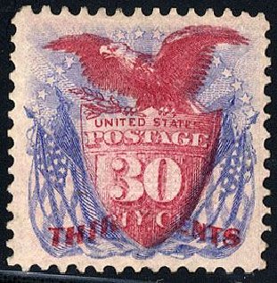 Price of US Stamps Scott Catalog #121 - 1869 30c Pictorial Shield Eagle Flags. Cherrystone Auctions, Jan 2008, Sale 200801, Lot 1116