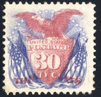 US Stamp Prices Scott Catalog # 121: 1869 30c Pictorial Shield Eagle Flags. Cherrystone Auctions, Mar 2008, Sale 200803, Lot 156