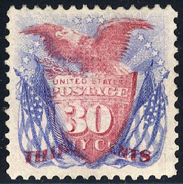 Costs of US Stamp Scott Catalogue # 121 - 30c 1869 Pictorial Shield Eagle Flags. Cherrystone Auctions, May 2008, Sale 200805, Lot 156