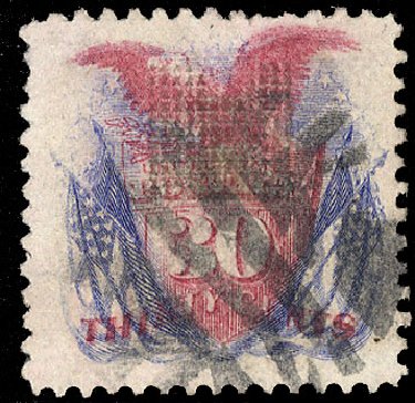 US Stamps Values Scott Cat. 121: 1869 30c Pictorial Shield Eagle Flags. Cherrystone Auctions, Apr 2010, Sale 201004, Lot 156