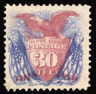 US Stamp Values Scott # 121: 1869 30c Pictorial Shield Eagle Flags. Cherrystone Auctions, Jun 2012, Sale 201206, Lot 76