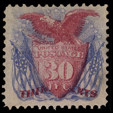US Stamp Values Scott Catalog #121: 1869 30c Pictorial Shield Eagle Flags. Cherrystone Auctions, Oct 2012, Sale 201210, Lot 86