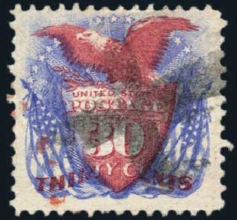 US Stamps Price Scott Catalog # 121: 30c 1869 Pictorial Shield Eagle Flags. Harmer-Schau Auction Galleries, Oct 2013, Sale 99, Lot 146