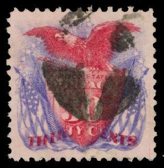 US Stamp Values Scott Cat. #121 - 30c 1869 Pictorial Shield Eagle Flags. Daniel Kelleher Auctions, Dec 2013, Sale 640, Lot 136