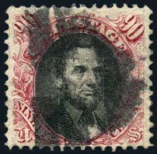 US Stamp Value Scott Catalog 122 - 1869 90c Pictorial Lincoln. Harmer-Schau Auction Galleries, Jan 2014, Sale 100, Lot 467