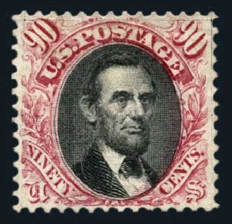 US Stamp Price Scott Catalog #122 - 90c 1869 Pictorial Lincoln. Harmer-Schau Auction Galleries, Aug 2014, Sale 102, Lot 1767