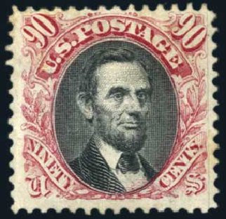 US Stamps Values Scott Cat. #122: 1869 90c Pictorial Lincoln. Harmer-Schau Auction Galleries, Aug 2011, Sale 90, Lot 1287