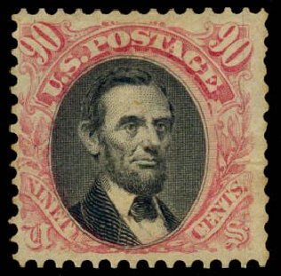 Cost of US Stamps Scott Catalogue 122: 1869 90c Pictorial Lincoln. Daniel Kelleher Auctions, Dec 2013, Sale 640, Lot 137