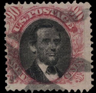 US Stamps Value Scott Catalog # 122 - 90c 1869 Pictorial Lincoln. Cherrystone Auctions, Jul 2009, Sale 200907, Lot 138