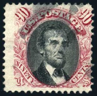 US Stamp Prices Scott Catalogue # 122 - 1869 90c Pictorial Lincoln. Harmer-Schau Auction Galleries, Jul 2010, Sale 86, Lot 388