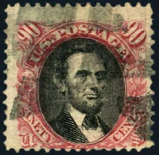 US Stamp Values Scott Catalog #122: 90c 1869 Pictorial Lincoln. Harmer-Schau Auction Galleries, Jan 2013, Sale 96, Lot 478