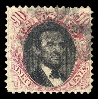 US Stamp Prices Scott Catalogue 122: 1869 90c Pictorial Lincoln. Cherrystone Auctions, Sep 2013, Sale 201309, Lot 9