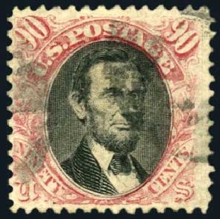 Values of US Stamps Scott Catalogue 122 - 90c 1869 Pictorial Lincoln. Harmer-Schau Auction Galleries, Oct 2008, Sale 79, Lot 99