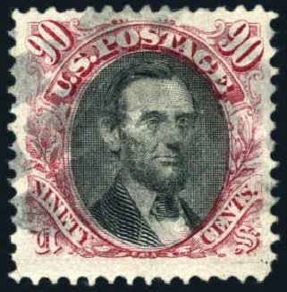 US Stamp Price Scott Catalog #122: 90c 1869 Pictorial Lincoln. Harmer-Schau Auction Galleries, Feb 2009, Sale 80, Lot 1149