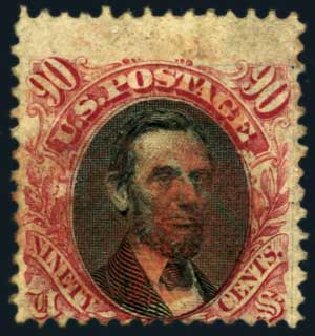 US Stamps Value Scott Catalogue # 122: 90c 1869 Pictorial Lincoln. Harmer-Schau Auction Galleries, Oct 2012, Sale 95, Lot 189