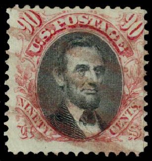 US Stamps Value Scott Cat. #122: 1869 90c Pictorial Lincoln. Daniel Kelleher Auctions, Sep 2013, Sale 639, Lot 3229