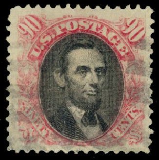 US Stamp Values Scott Catalog # 122 - 1869 90c Pictorial Lincoln. Daniel Kelleher Auctions, Dec 2013, Sale 640, Lot 139