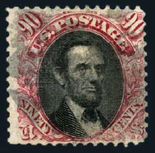 US Stamp Prices Scott Catalogue # 122 - 1869 90c Pictorial Lincoln. Harmer-Schau Auction Galleries, Aug 2014, Sale 102, Lot 1770