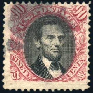 US Stamps Prices Scott Catalog 122: 90c 1869 Pictorial Lincoln. Harmer-Schau Auction Galleries, Apr 2010, Sale 85, Lot 260
