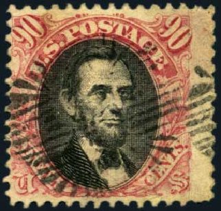 US Stamps Value Scott Catalog # 122: 1869 90c Pictorial Lincoln. Harmer-Schau Auction Galleries, Aug 2012, Sale 94, Lot 1220
