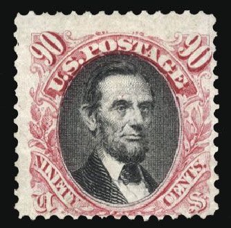 Values of US Stamps Scott Cat. 122: 90c 1869 Pictorial Lincoln. Cherrystone Auctions, Mar 2008, Sale 200803, Lot 161
