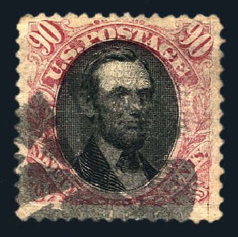 US Stamp Values Scott Catalogue #122: 1869 90c Pictorial Lincoln. Harmer-Schau Auction Galleries, Aug 2015, Sale 106, Lot 1481