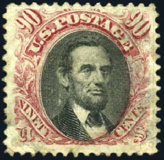 US Stamp Price Scott Cat. # 122: 90c 1869 Pictorial Lincoln. Harmer-Schau Auction Galleries, Apr 2010, Sale 85, Lot 261