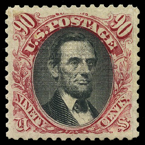 Value of US Stamps Scott Cat. 122: 1869 90c Pictorial Lincoln. Matthew Bennett International, May 2014, Sale 350, Lot 224