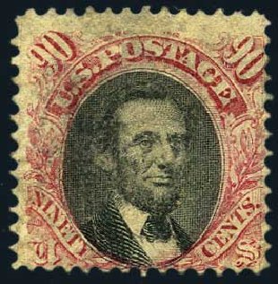US Stamps Price Scott Catalogue 122: 90c 1869 Pictorial Lincoln. Harmer-Schau Auction Galleries, May 2015, Sale 105, Lot 124