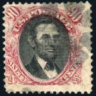 Values of US Stamps Scott Cat. # 122: 90c 1869 Pictorial Lincoln. Harmer-Schau Auction Galleries, Feb 2010, Sale 84, Lot 1394