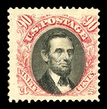 Values of US Stamp Scott Cat. #122: 90c 1869 Pictorial Lincoln. Cherrystone Auctions, Jul 2015, Sale 201507, Lot 2055