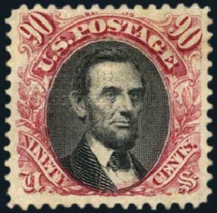 US Stamps Values Scott Cat. # 122: 1869 90c Pictorial Lincoln. Harmer-Schau Auction Galleries, Jan 2014, Sale 100, Lot 465