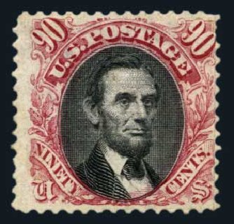 US Stamps Values Scott Catalog # 122: 1869 90c Pictorial Lincoln. Harmer-Schau Auction Galleries, Aug 2014, Sale 102, Lot 1765