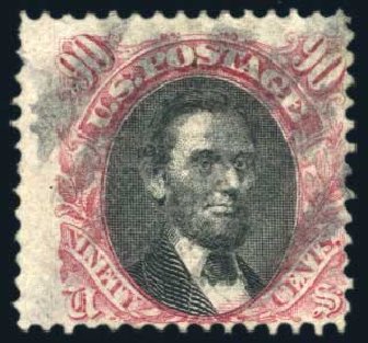 Values of US Stamp Scott Catalogue #122 - 1869 90c Pictorial Lincoln. Harmer-Schau Auction Galleries, Feb 2010, Sale 84, Lot 1395