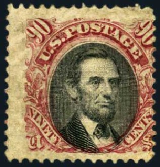 US Stamp Values Scott Catalog 122: 90c 1869 Pictorial Lincoln. Harmer-Schau Auction Galleries, Aug 2012, Sale 94, Lot 1225