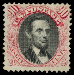 US Stamp Price Scott Catalog 122: 1869 90c Pictorial Lincoln. Daniel Kelleher Auctions, Dec 2014, Sale 661, Lot 125